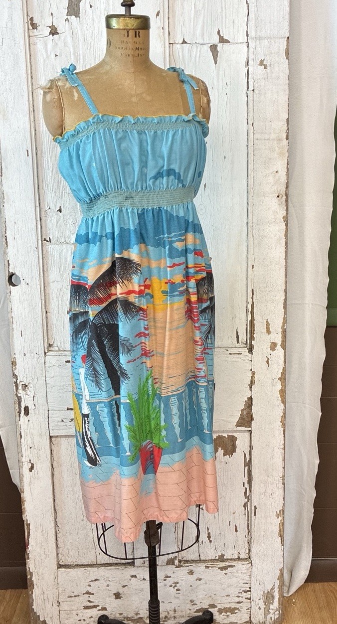 70s Vintage Sun Dress Smocked Midi Tie Strap Novelty Print Cotton Size Medium