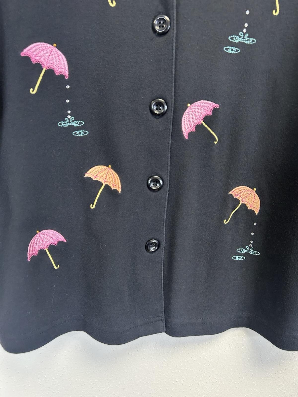 Vintage 90s Umbrella Embroidered Button Up Shirt Size L Petite Black Quirky Fun