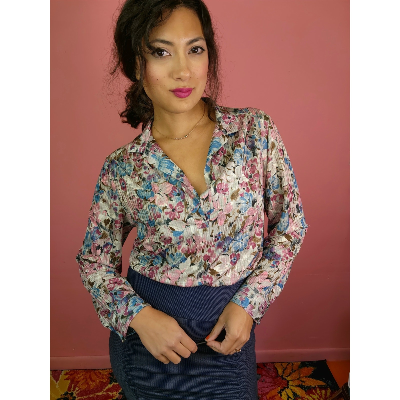 Vintage 1970&rsquo;s Pink Blue Floral Blouse Shimmery Disco Shirt Plus Size Friendly