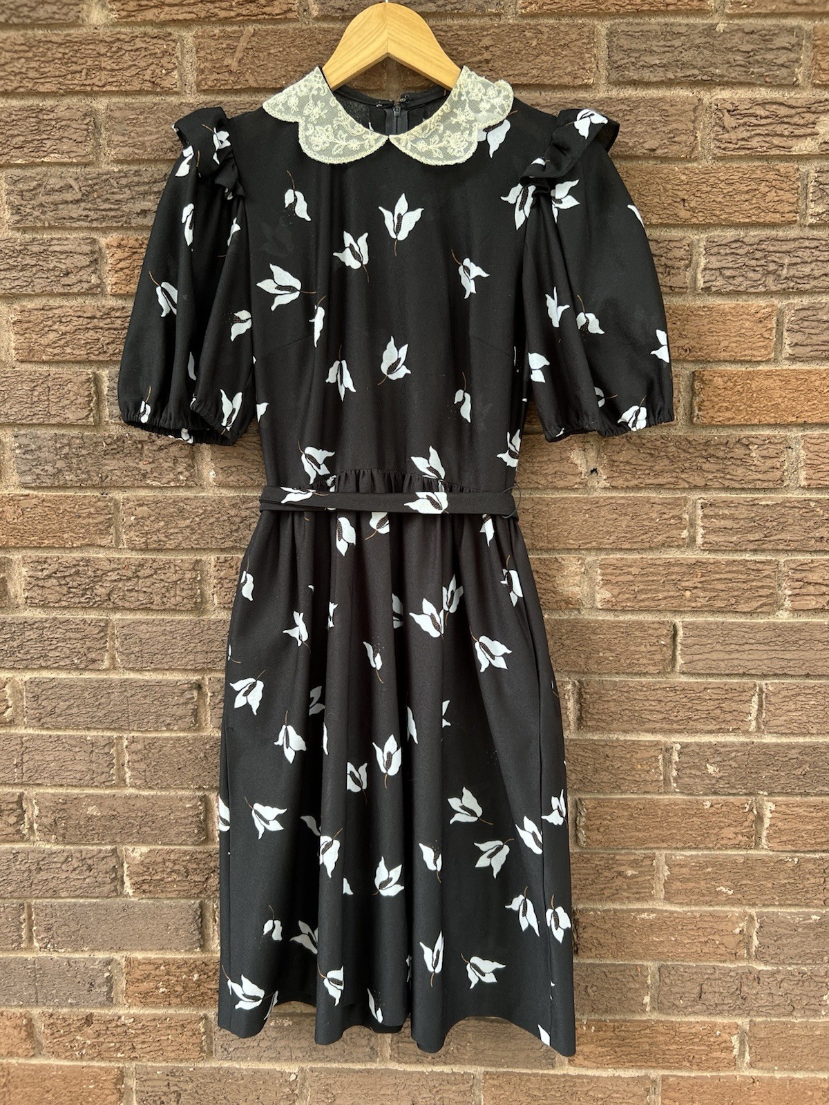 Vintage 1970s Sears Black Prairie Goth Dress White Collar With Lillies Small