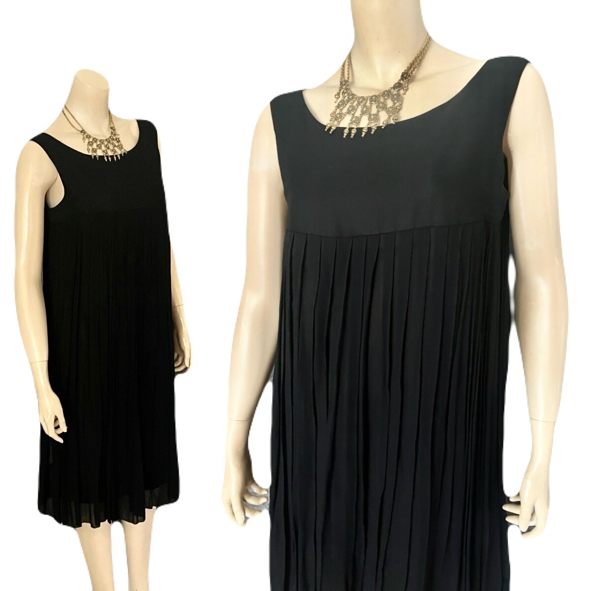 Flirty 50s Inky Black Trapeze Dress, Sheer Pleated Outer Layer, Excellent, S – M