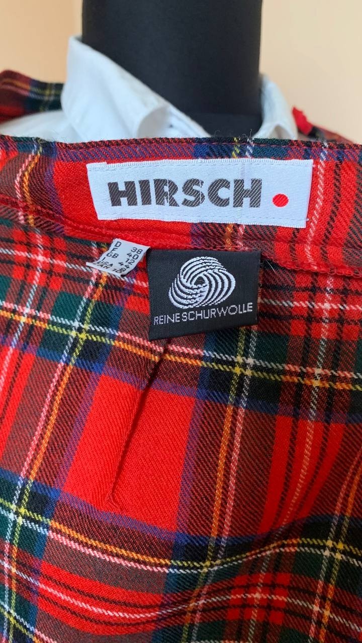 Vintage HIRSCH Scottish Kilt Skirt Pure New Wool Red Tartan Plaid Pleated EU 38