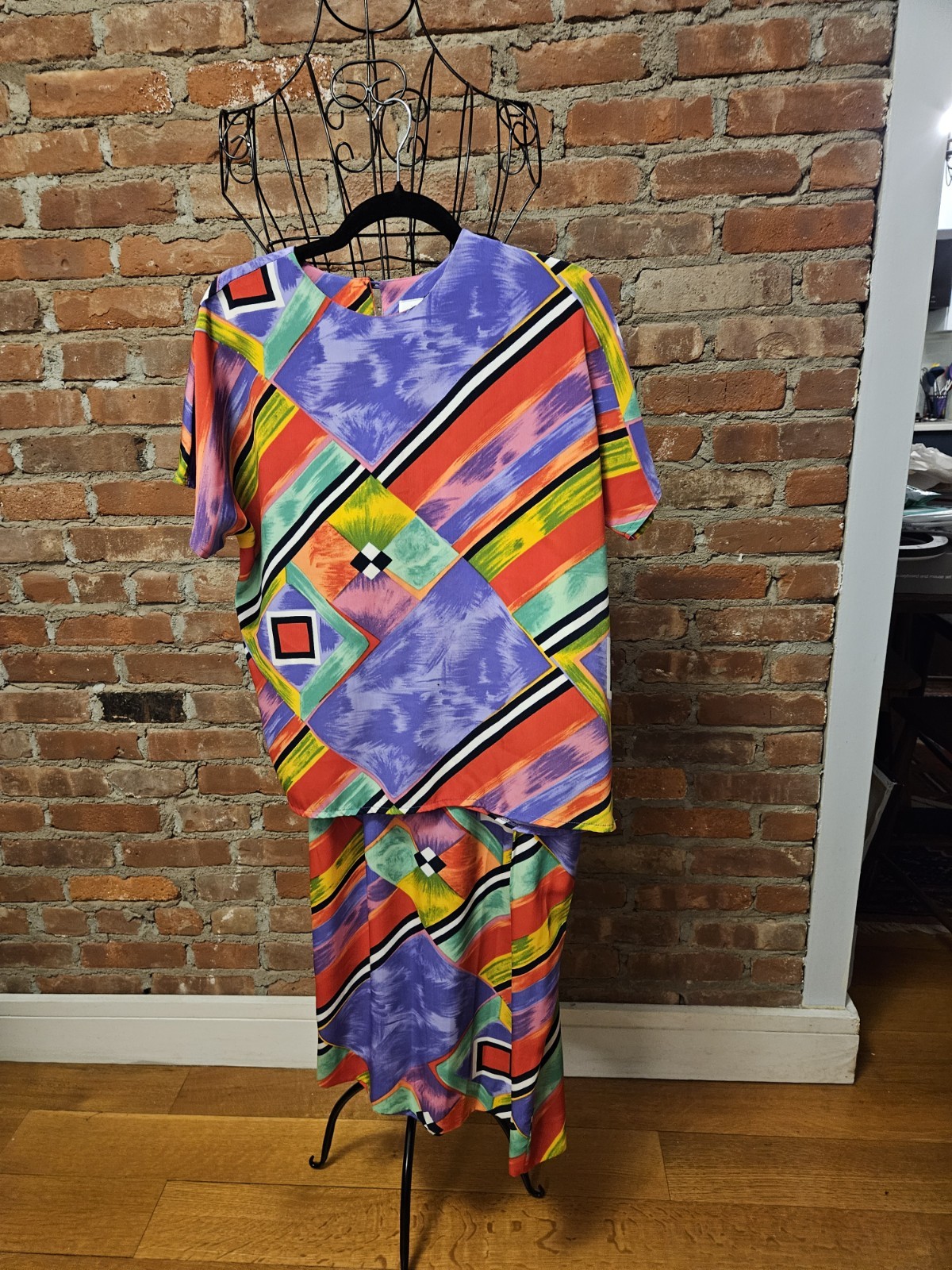 Robbie Sports Made In USA Vintage Vibrant Geometric Blouse & Skirt Set