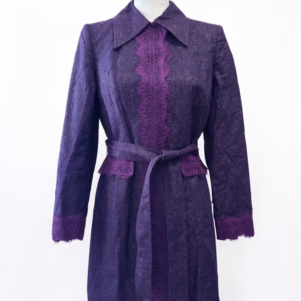 VTG Whimsygoth Y2K Bisou Bisou Purple Lace & Gold Metallic Trench-Style Jacket