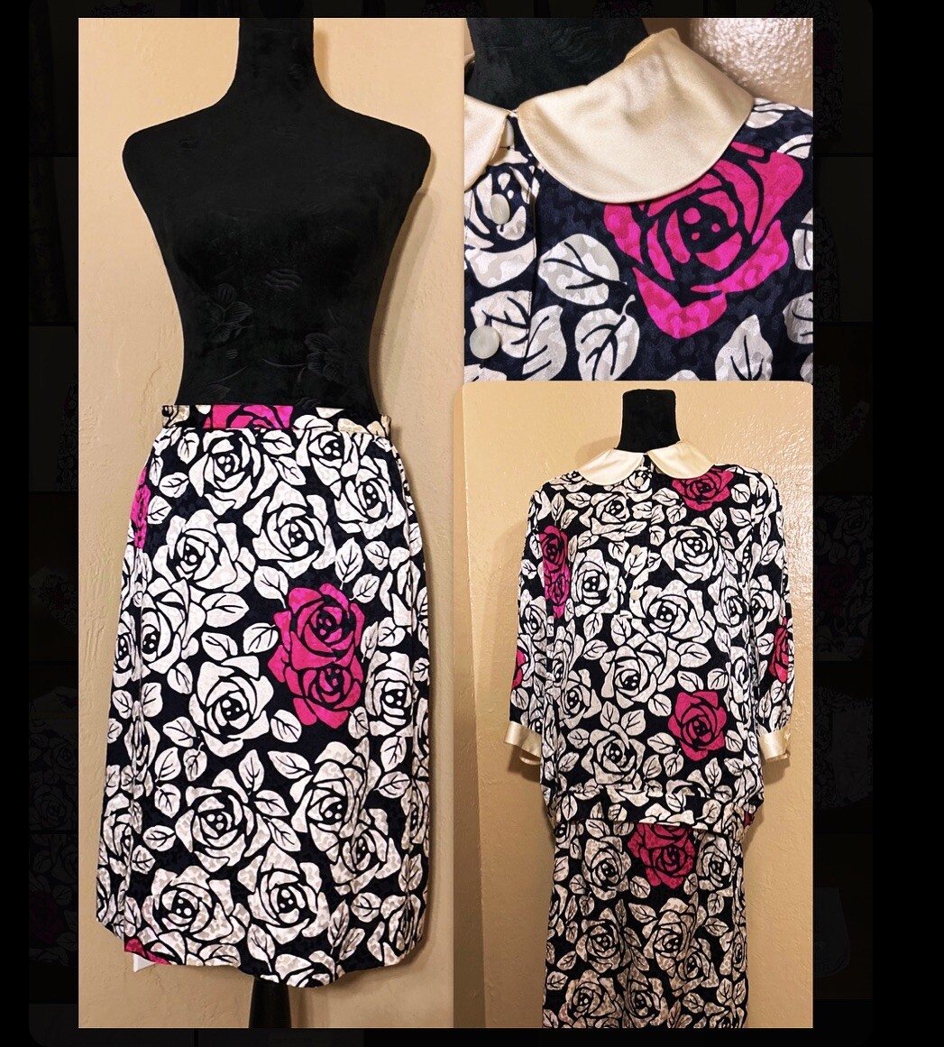 Rare 2 Piece Vintage Celine Paris Suit Pink Rose Black White Pencil Barbie Skirt