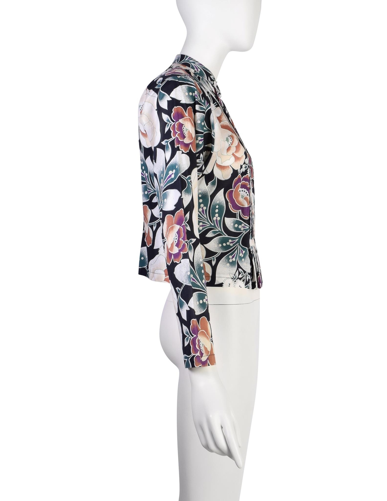 Kenzo Vintage 1980s Black Multicolor Floral Pleated Cotton Shirt