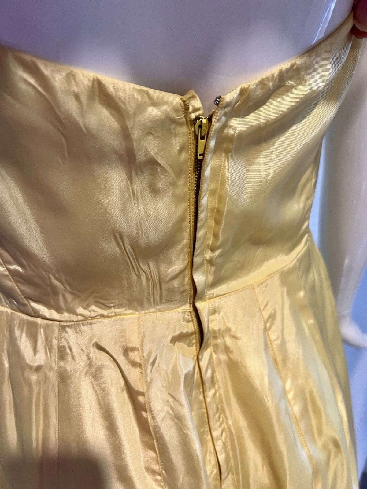 Vintage Buttercream Lined Yellow Strapless Satin Darted Boned Bust Circle Dress