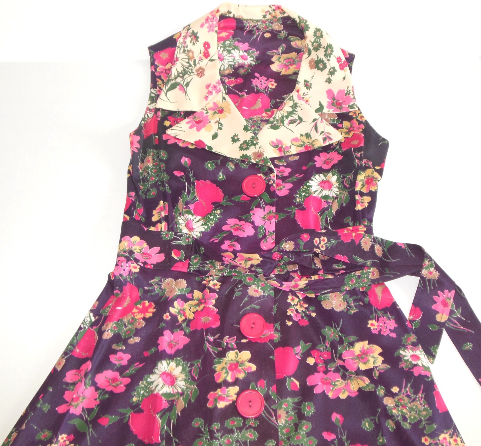 Vintage Floral Dress sz ~S Large Collar Button Front w Belt 60&rsquo;s 70&rsquo;s Sleeveless