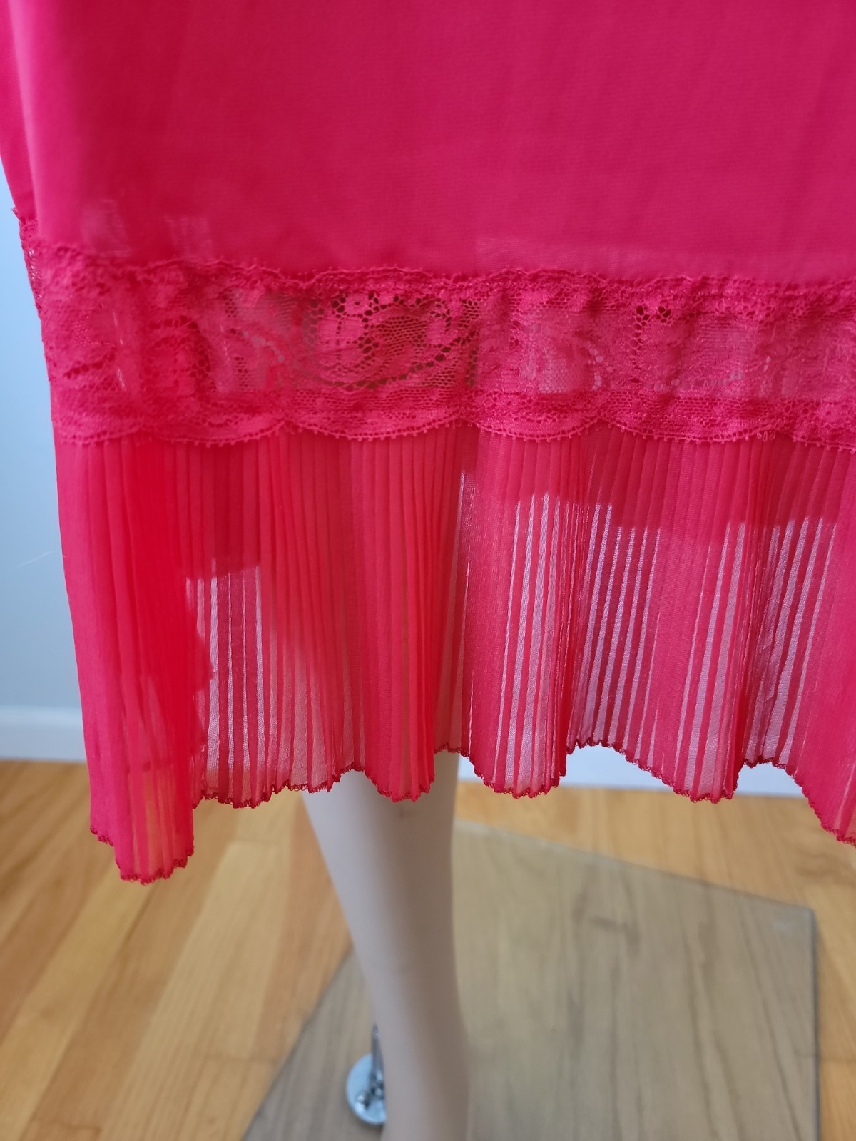 Vintage Charmode All Nylon Red Full Slip Pleated/Lace Detail Size 36 Tall