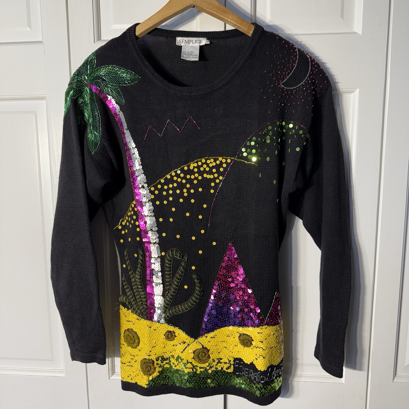 VTG Semplice Sequin Palm Tree Sweater M Black Pop Art Shoulder Pads Beach