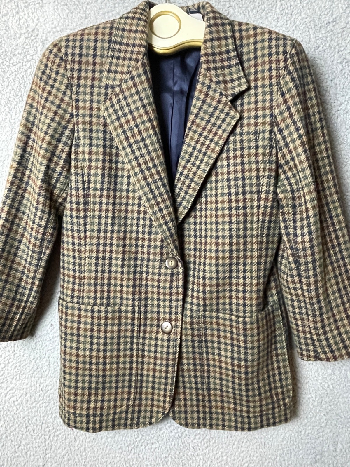 Vintage Lizsport Wool Blazer Womens 4 Tan Green Houndstooth Single Breasted