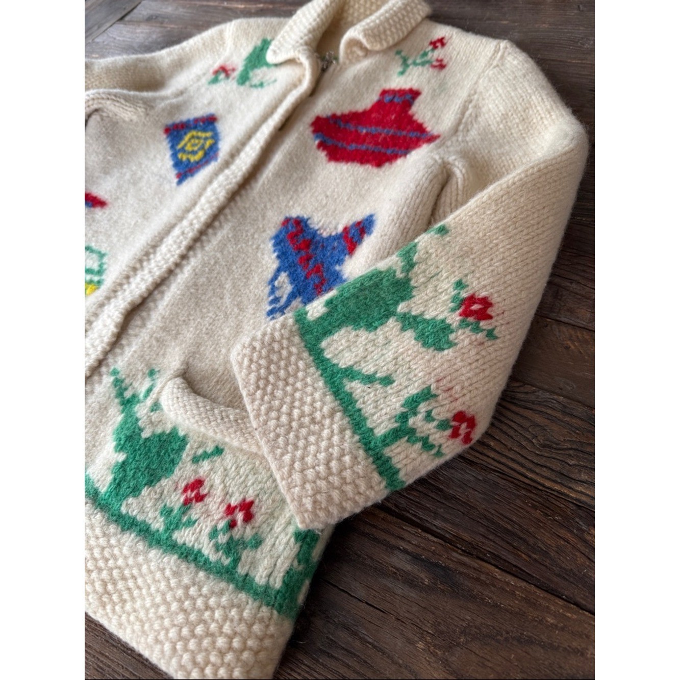 Hand knitted 1950&rsquo;s vintage wool cowichan Mexican cactus burrow metal zip cardi