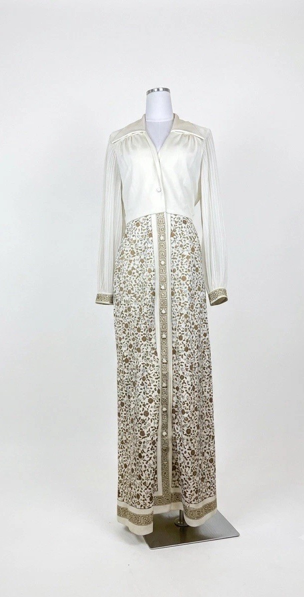 VTG 70s Alfred Shaheen Maxi Dres Floral Greek Pleated Cream Size 16