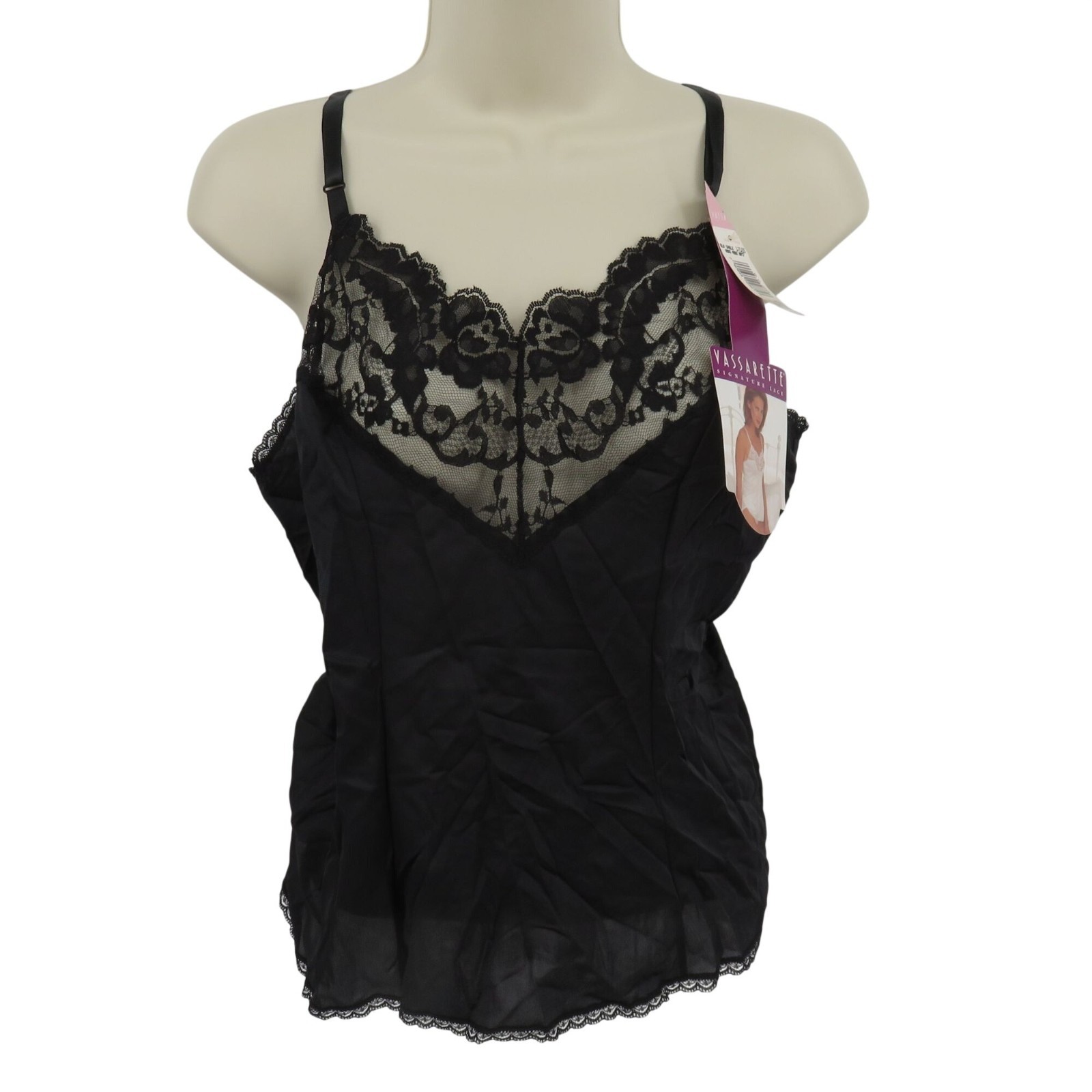 NEW Vintage Vassarette Signature Lace Women Large Black Lace Trim Slip Tank Top