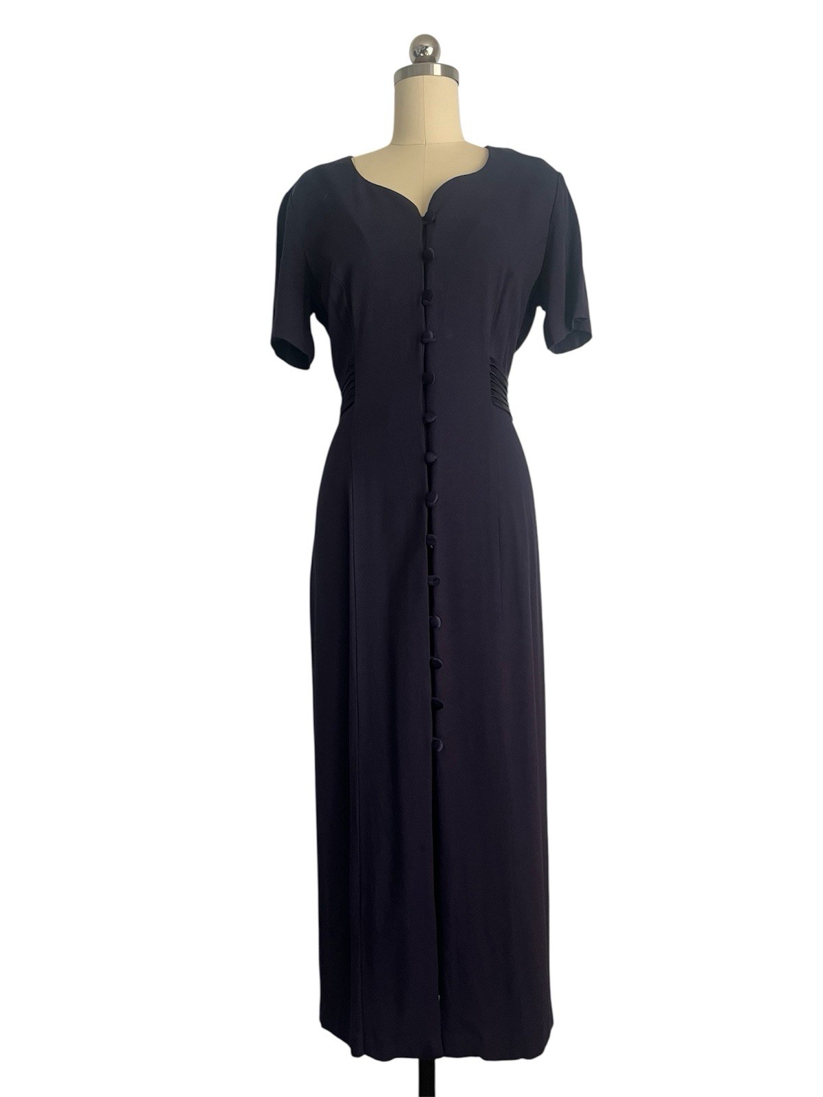 Vintage 80s Navy Blue Button Down Satin Belt Heart Neckline 40s inspired Midi S