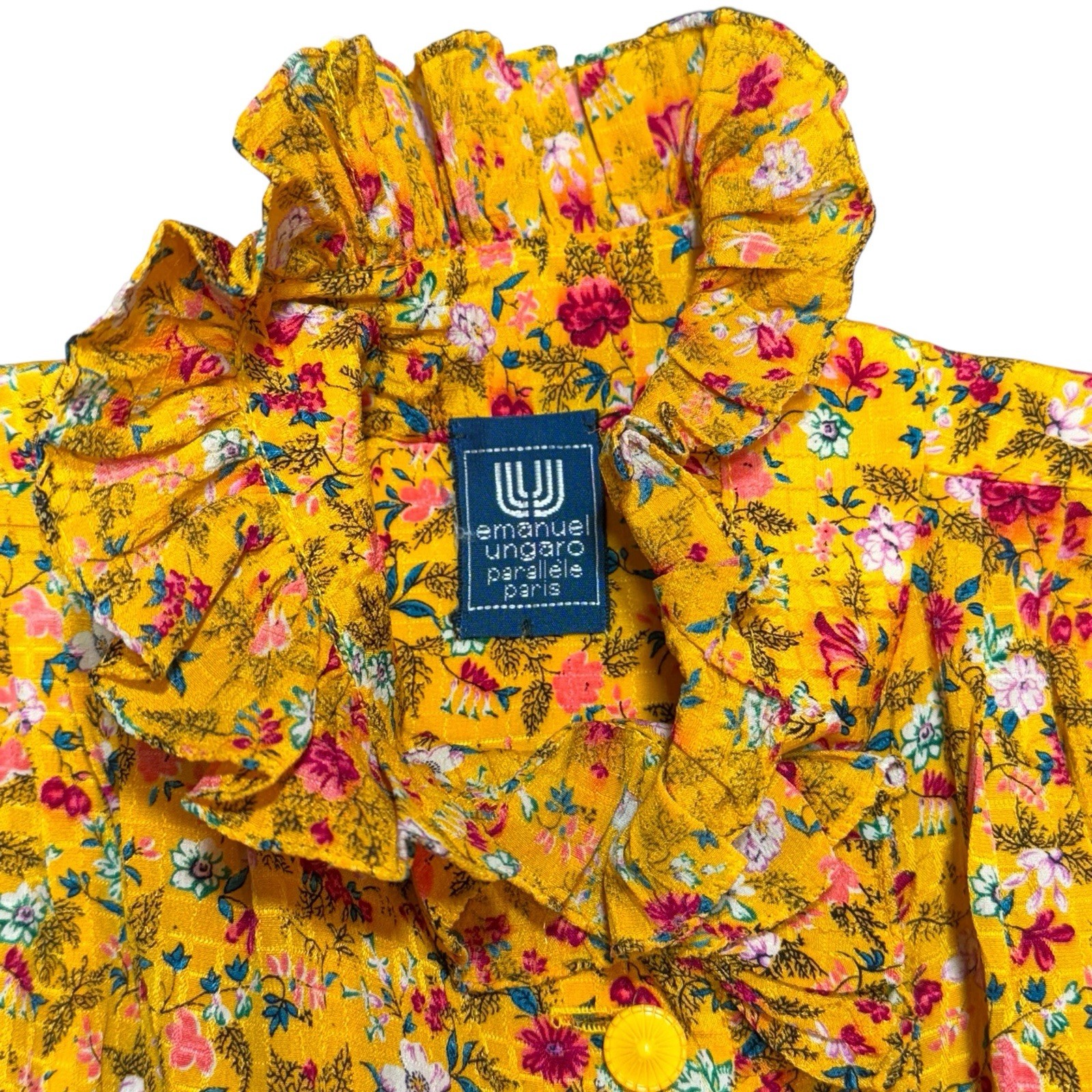 Vintage Emanuel Ungaro Parallele Paris Yellow Floral Ruffle Neck Dress Small Fra
