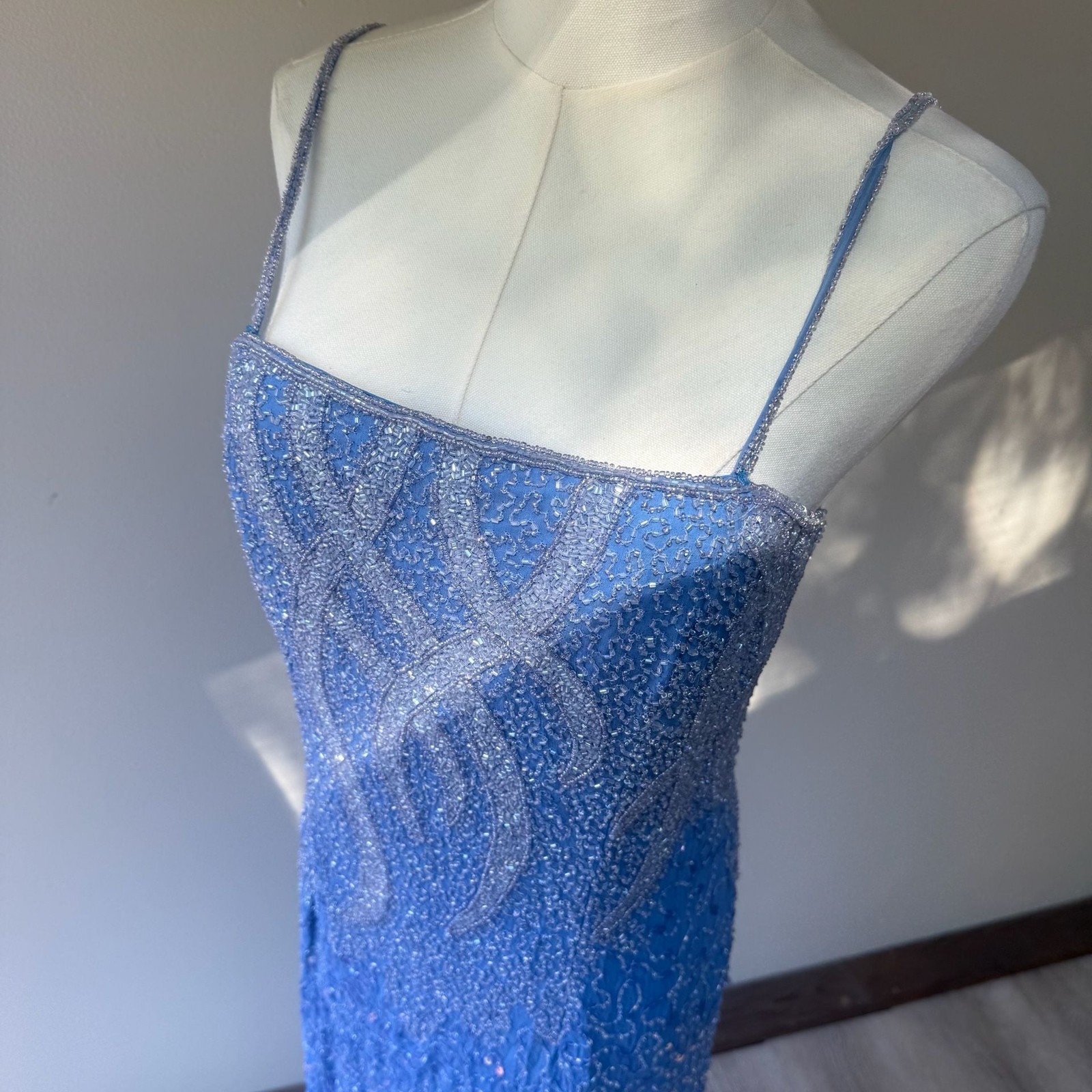 Vintage Blue Fully Beaded 100% Silk Maxi Column Evening Gown