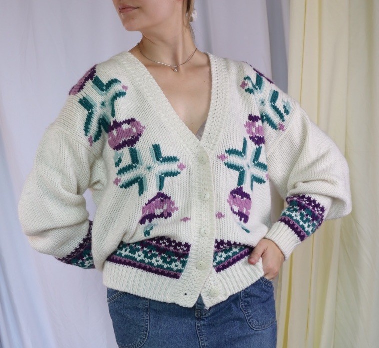 Vintage Oversized 1980s Cardigan Sweater Ivory Purple Green Knit