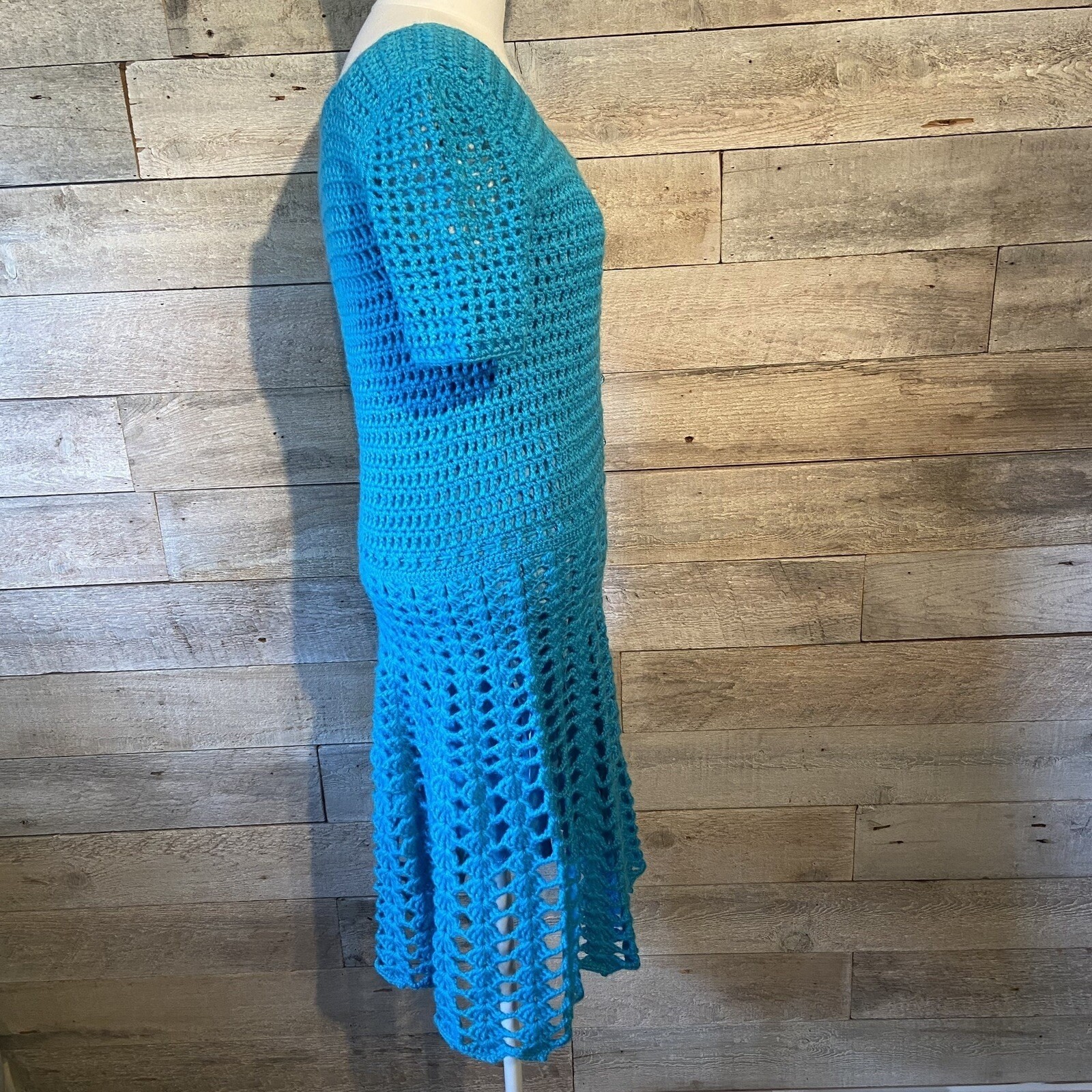 EUC Vintage Handcrafted Crocheted Lined Fit & Flare Blue Dress Size Small