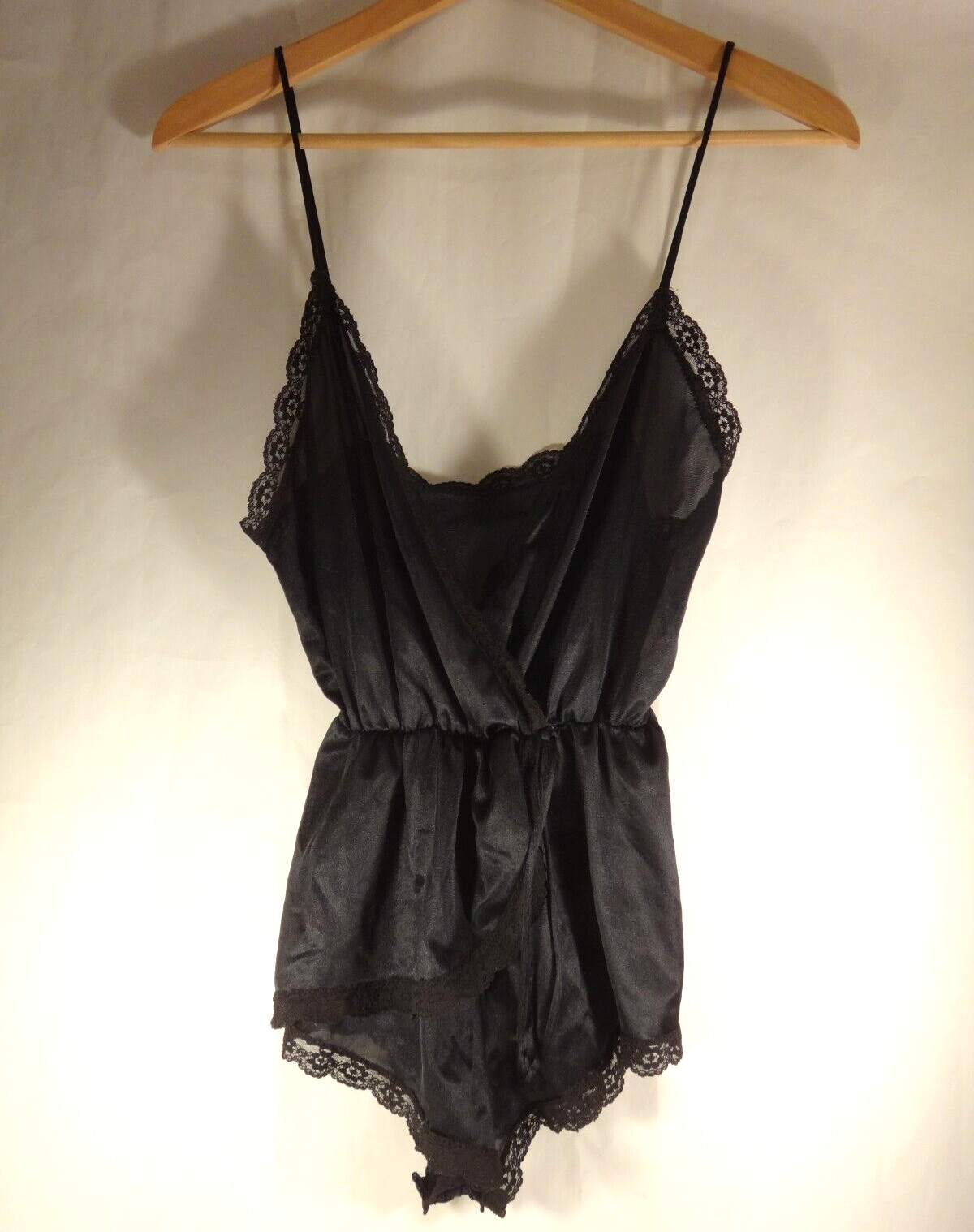 Vintage Flair Black Nylon Lace Trim Teddy Lingerie Bodysuit Wrap Front S Small