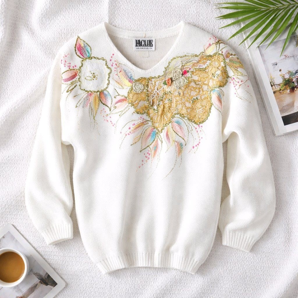 Vintage Facade Los Angeles White Floral Embellished Sweater 3D Roses Gold Lace