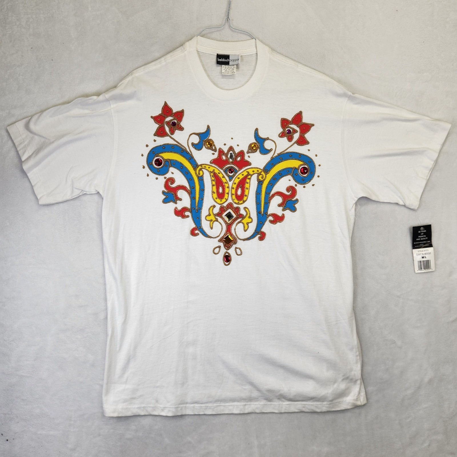 Vintage Beldoch Popper T Shirt White Graphic Embellished Single Stitch M/L NWT