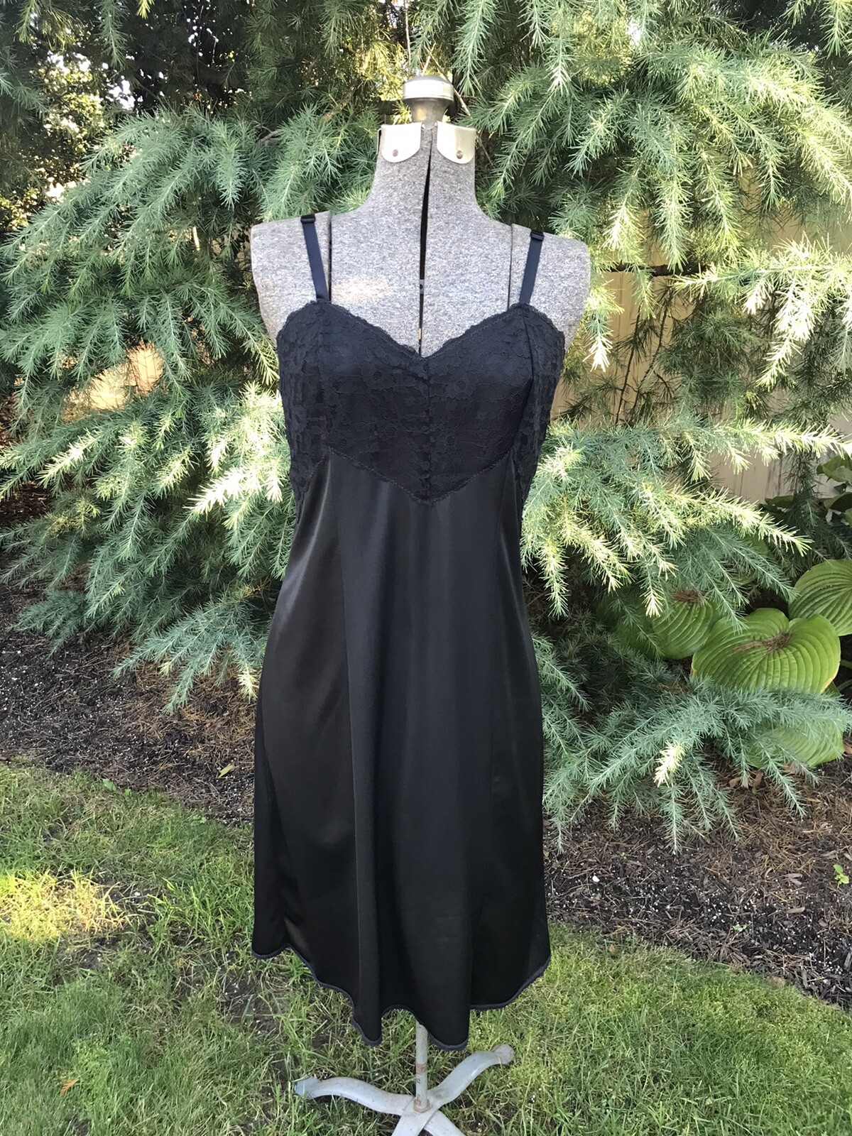Vintage Greenco Maid Black Nylon Tricot Dress Slip with Lace