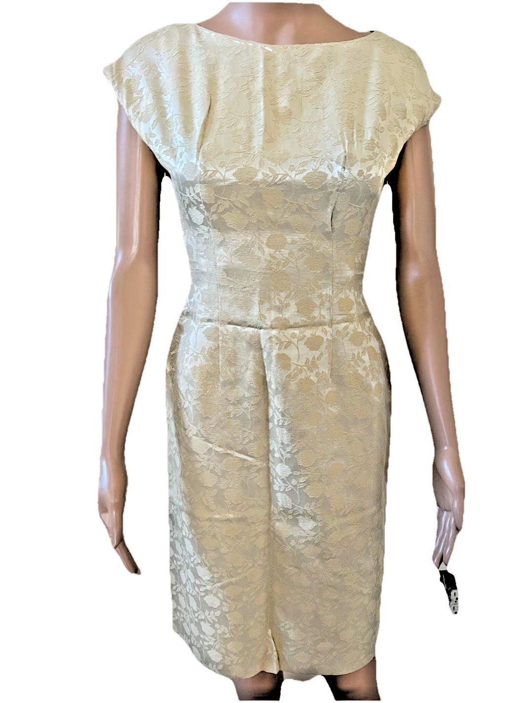 VTG 50s 2 Pc Fur Collar Crop Jacket & Ivory Damask Pencil Dress Suit Set Small**