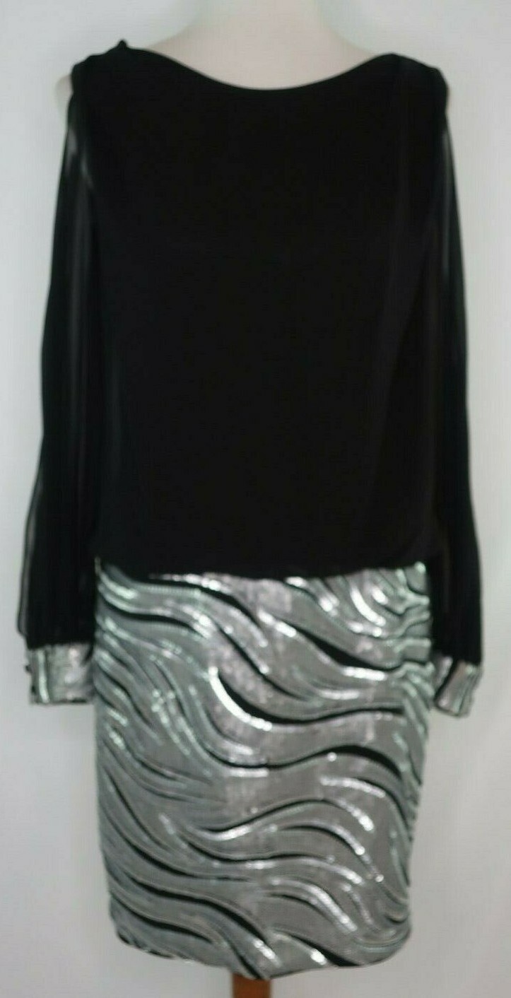 Cache Black Silver Sequin Evening Party Cocktail Dress Sheer Open Sleeve Size 10