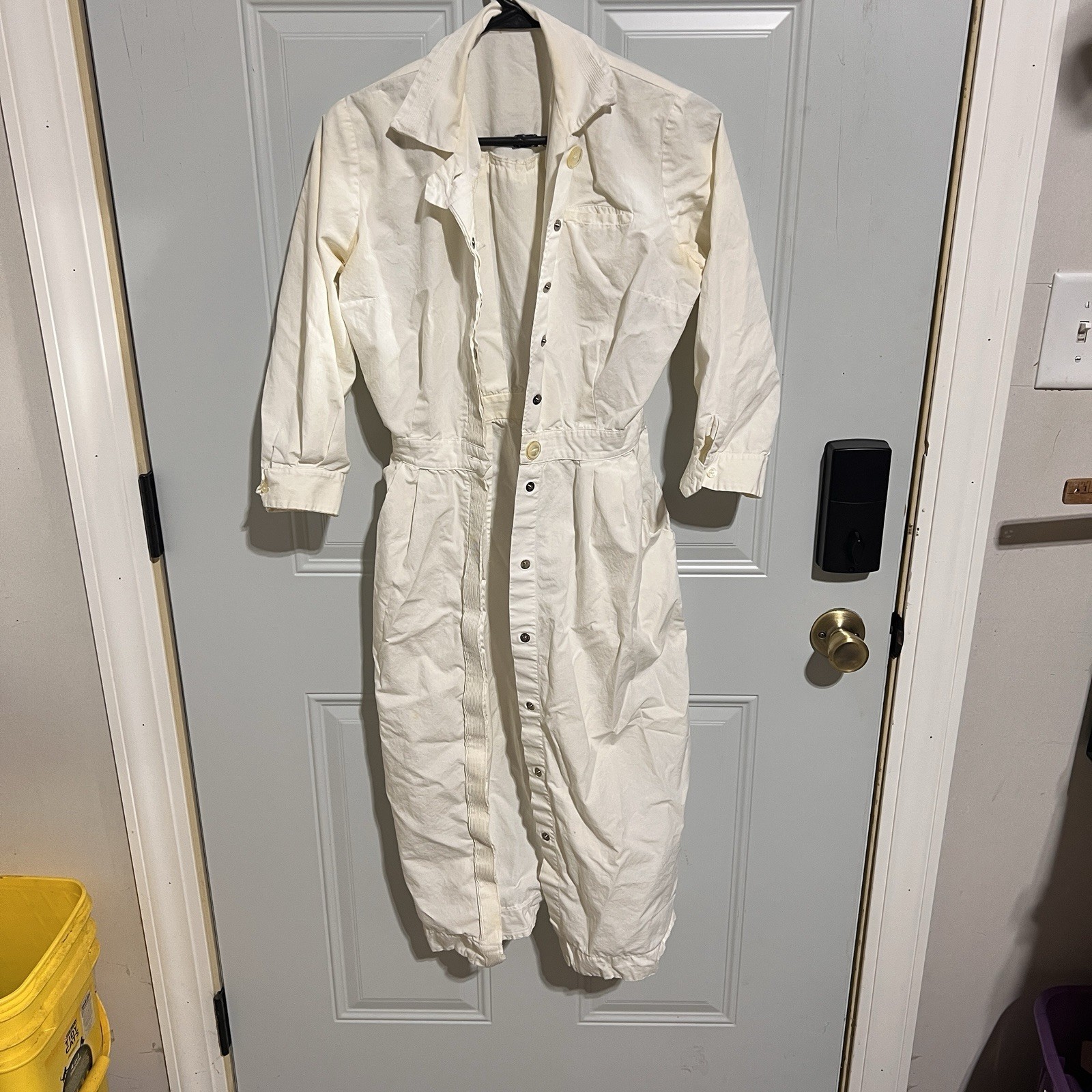 Nurse Uniform White Button Snap Front Dress Thin Vtg 1960s Medium Small *SPOTS*