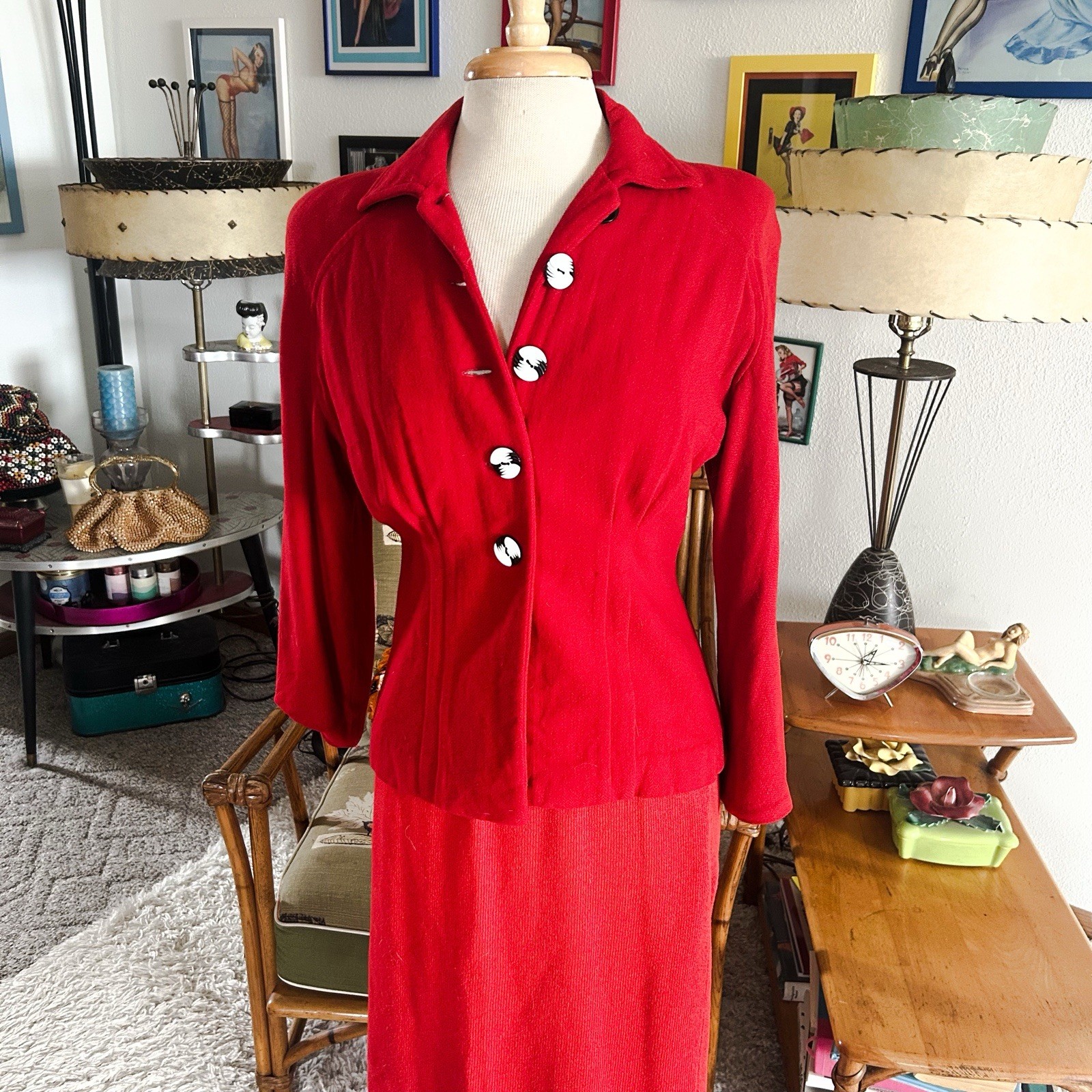Vintage 1940s Jacket | Blazer | Red | M | Suit Coat | Marble Buttons | 40s