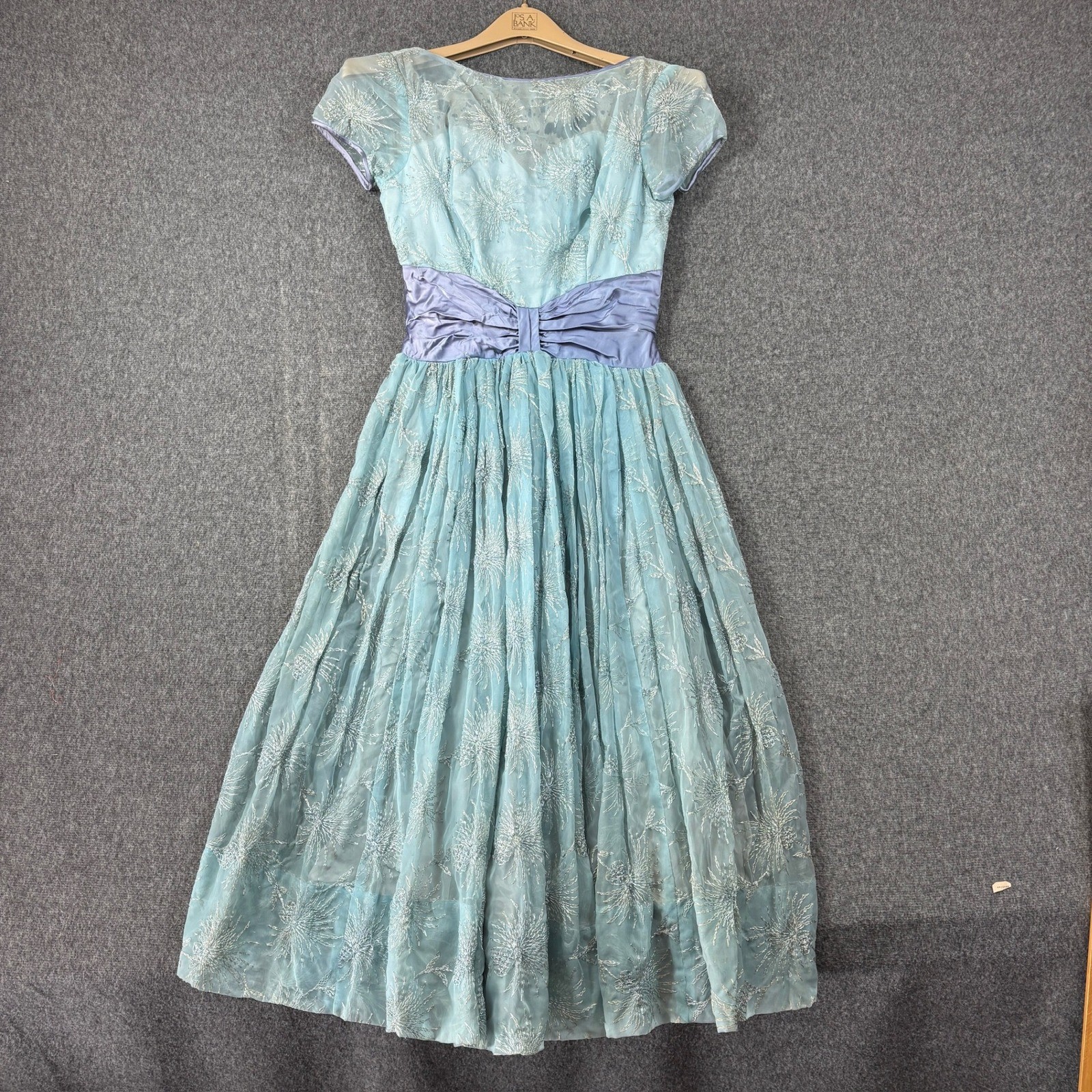 Vintage 50s Blue Silver Embroidered Organza Tea Party Dress Lavender Waist