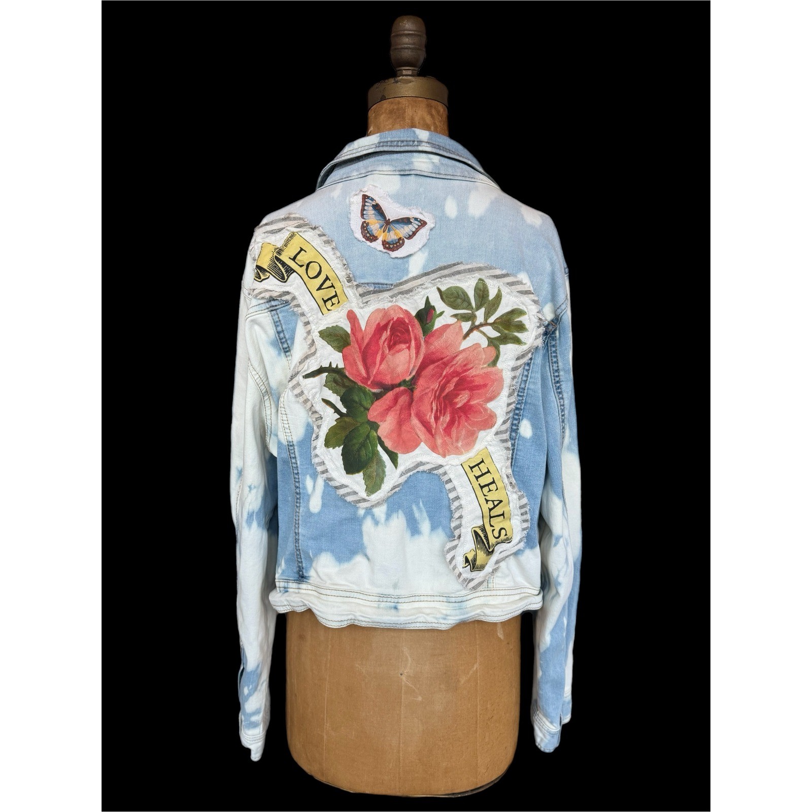 Upcycled Cropped Denim Jacket Roses Love Heals Patch Folk Art Boho XXL