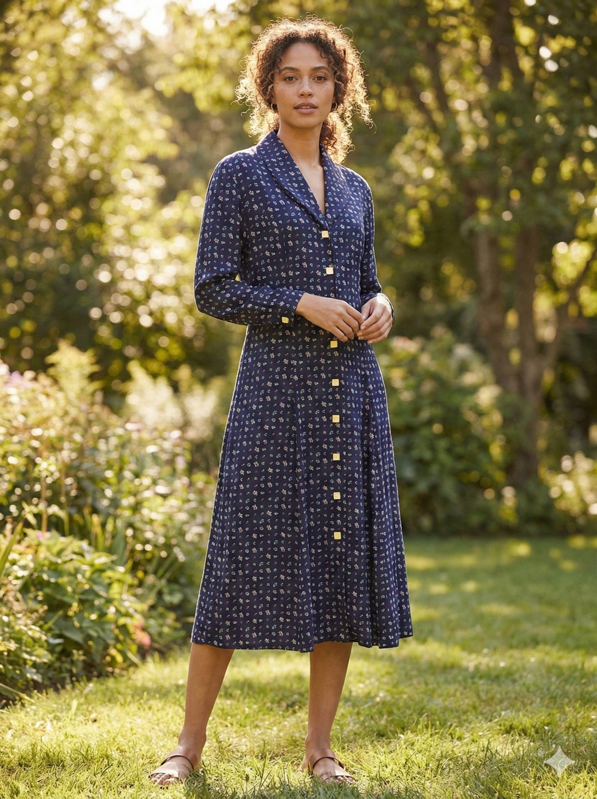 VTG 90s Banana Republic Shirt Dress Cottage Navy Ditsy Floral Pleated Button 8