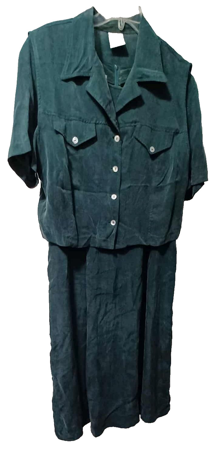VINTAGE MACYS RABBITT 2-PC LONG DRESS & VEST 100% RAYON FOREST GREEN WOMEN SZ 16