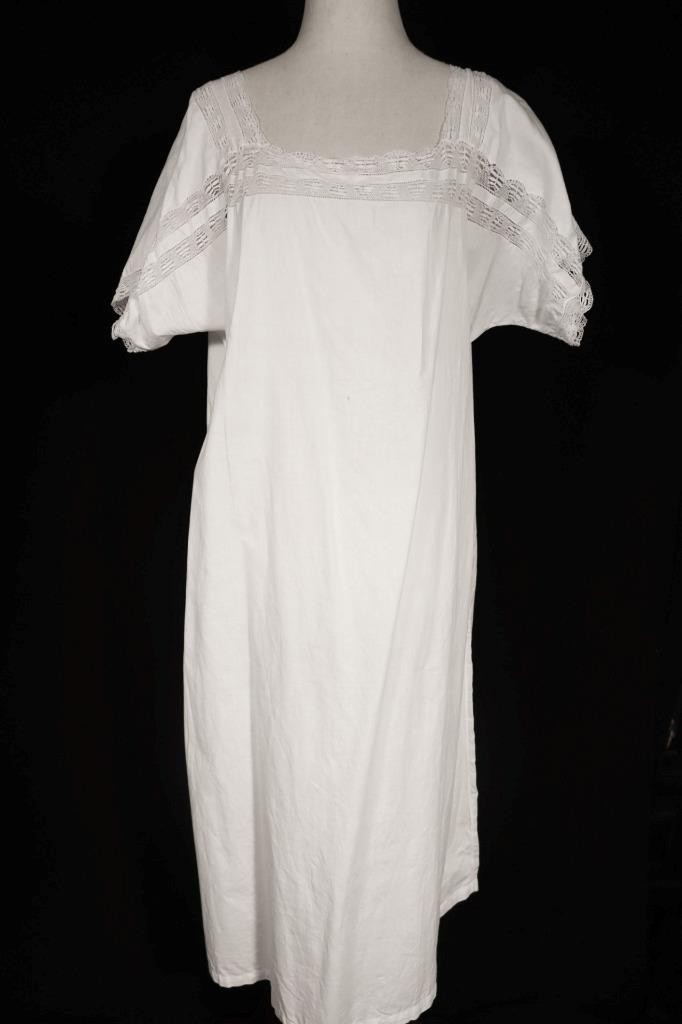Antique French White Cotton Edwardian Night Gown Lace Trim Size XL