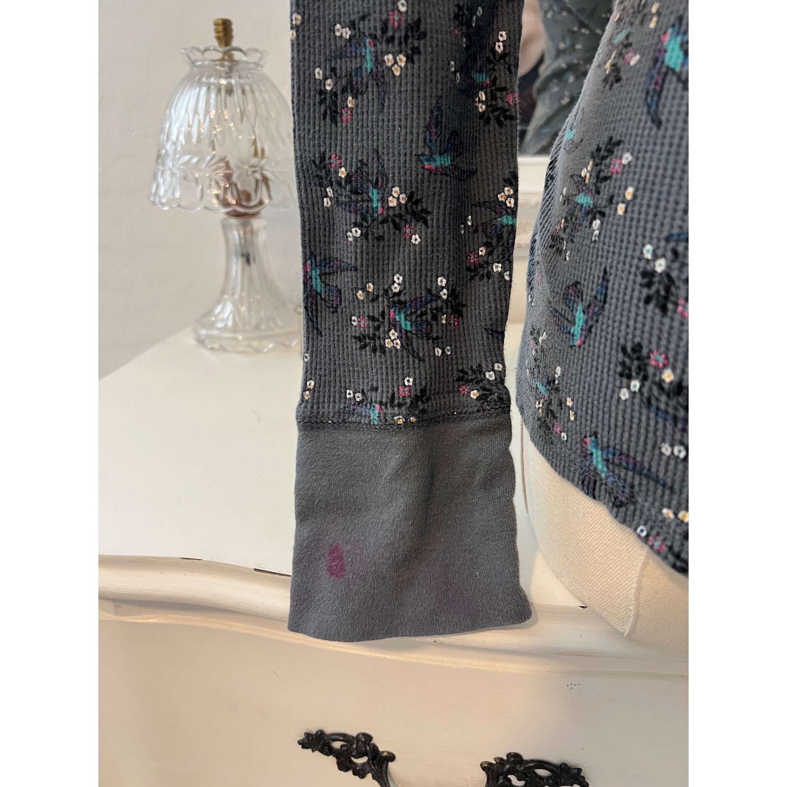 vintage floral hummingbird patterned thermal long sleeve top