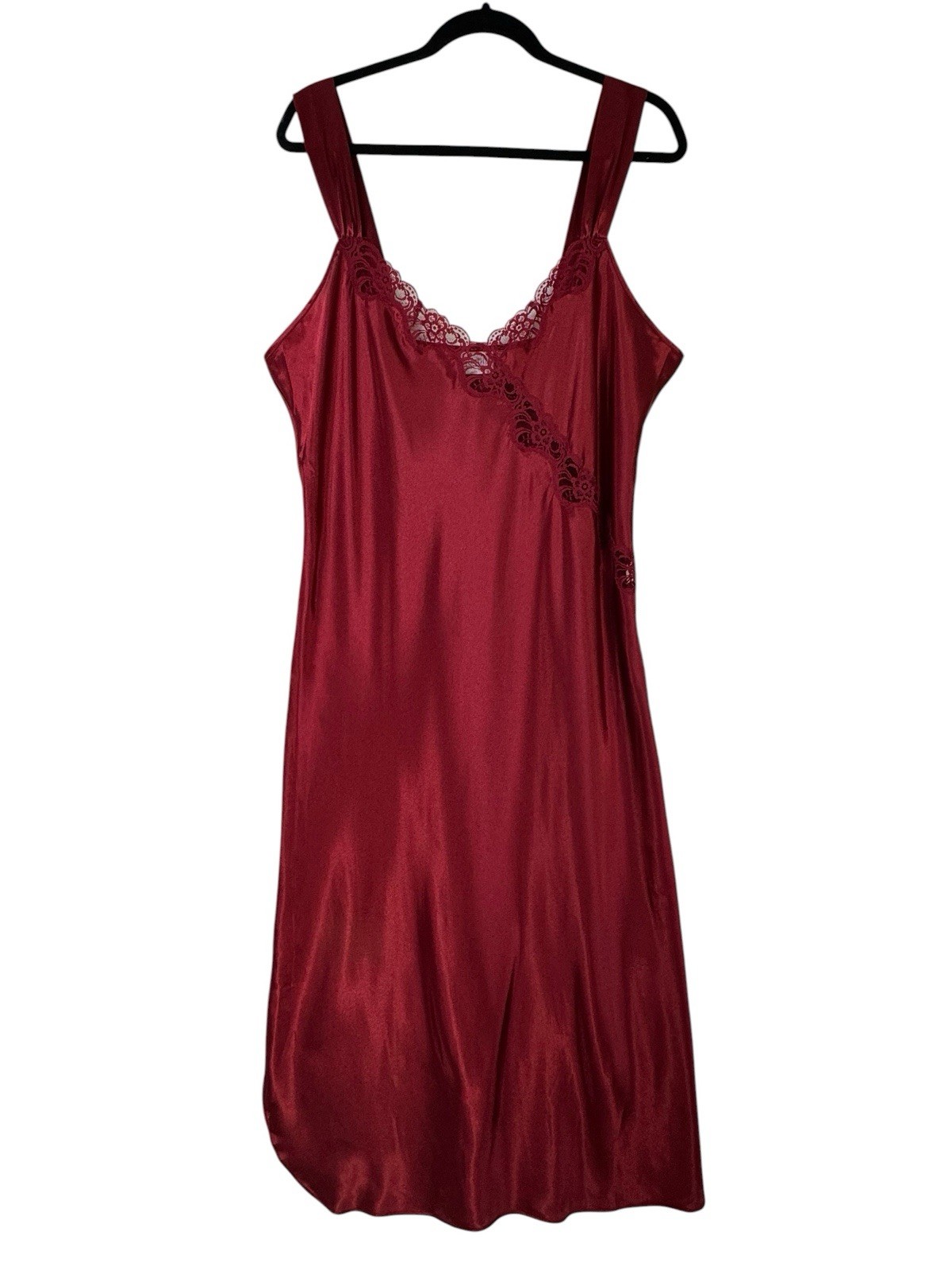 Vintage Adonna Red/Maroon Liquid Satin And Lace Long Night Gown Size XL