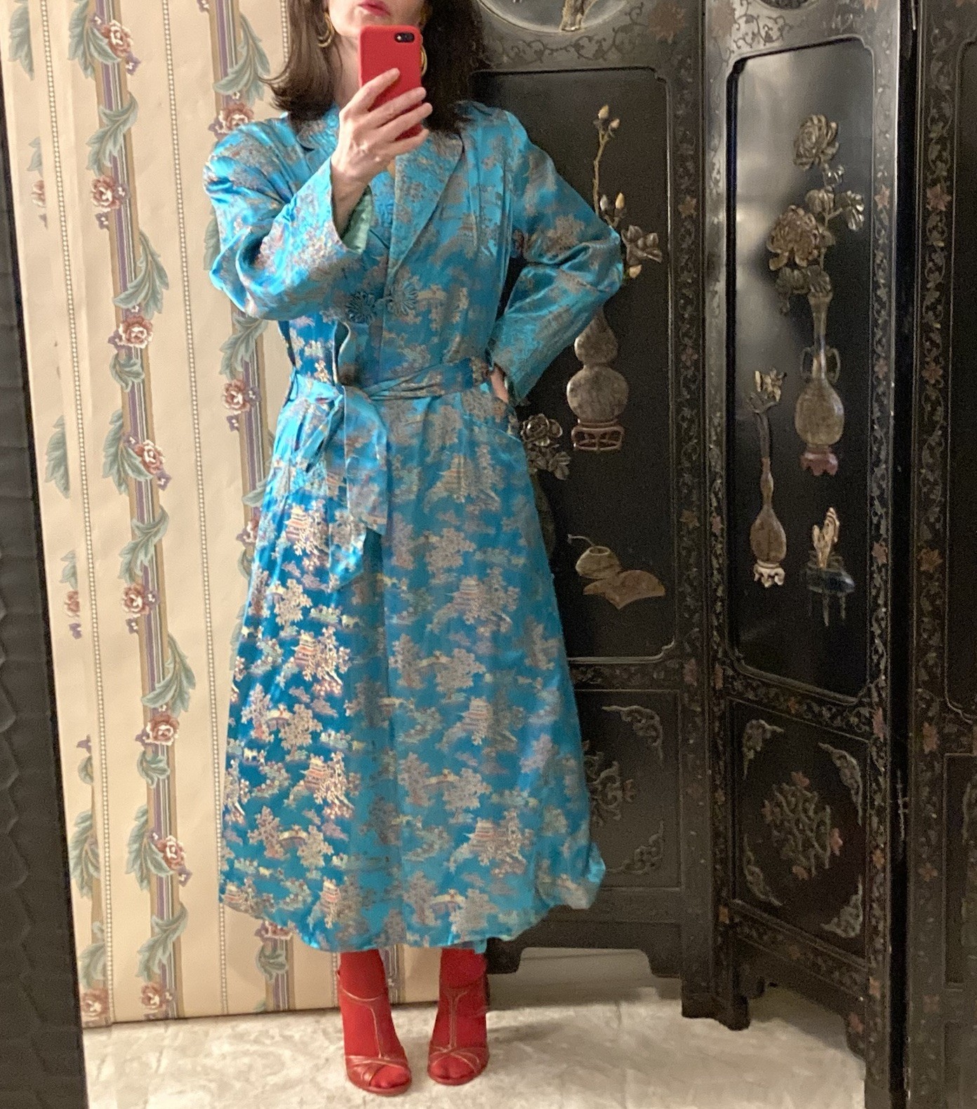 Vintage Blue Brocade Asian Robe, M. M. Comfort Wear, Made In Hong Kong