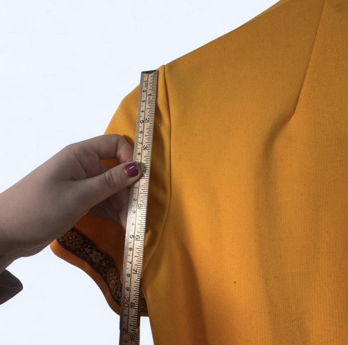 SMALL 1960s-70s Homemade Gold Mustard Short Sleeve Dress with Embroidered Trim