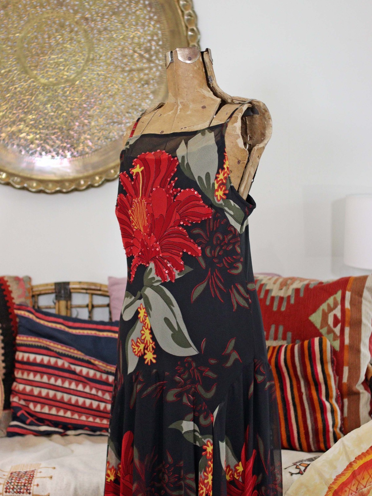 VTG Whimsigoth Y2K 90s Black Slip Dress Handkerchief Hem Bias Cut Flower Print