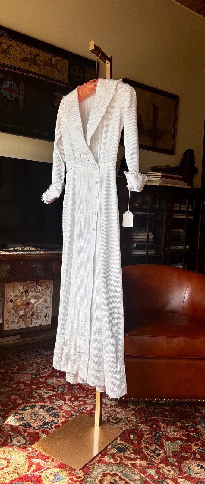 Antique Edwardian Early 1900s White Cotton Dressing Gown Robe Sz S Empire Waist