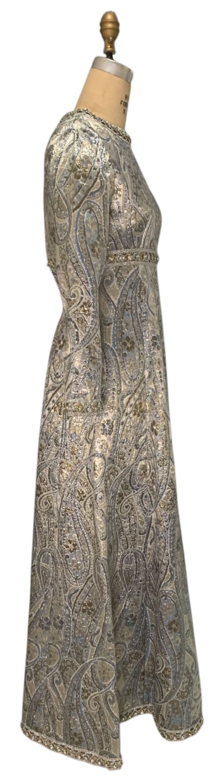 Vintage 60s/70s Women&rsquo;s Empire Waist Metallic Paisley Brocade Dress – Size XS/S