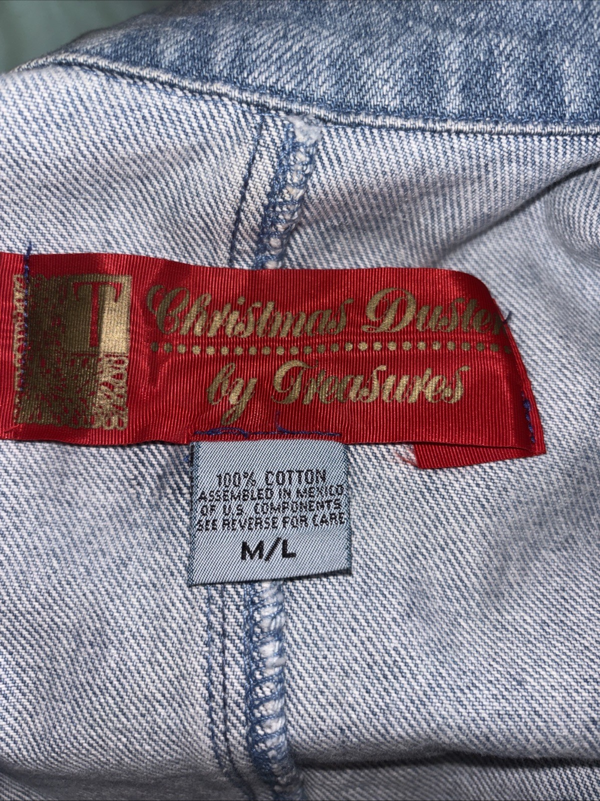 Vtg Christmas Duster by Treasures Denim Jacket Embroidered Tree Coat M/L 90s