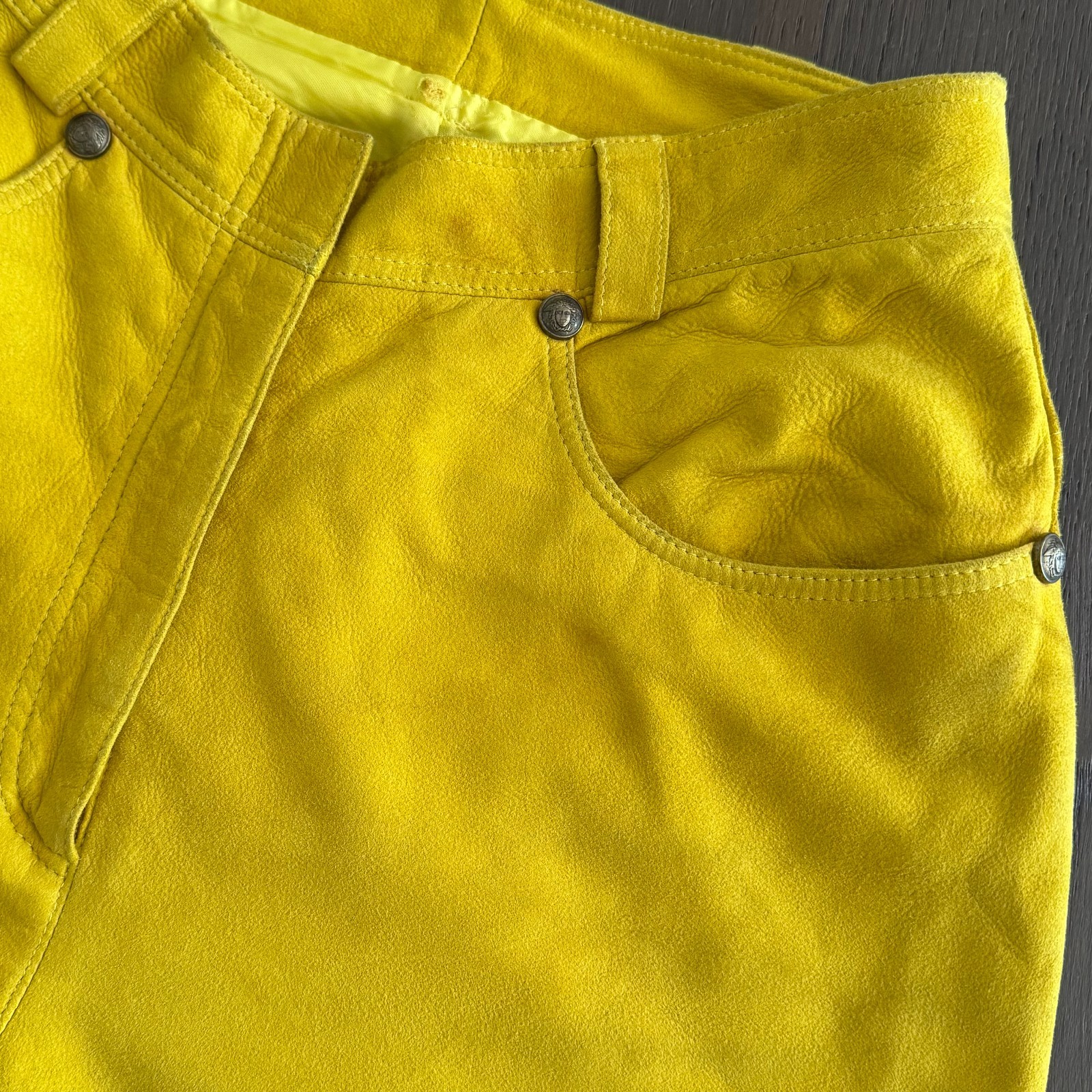 GIANNI VERSACE mustard yellow suede pants size 38/XS from F/W 1994/95