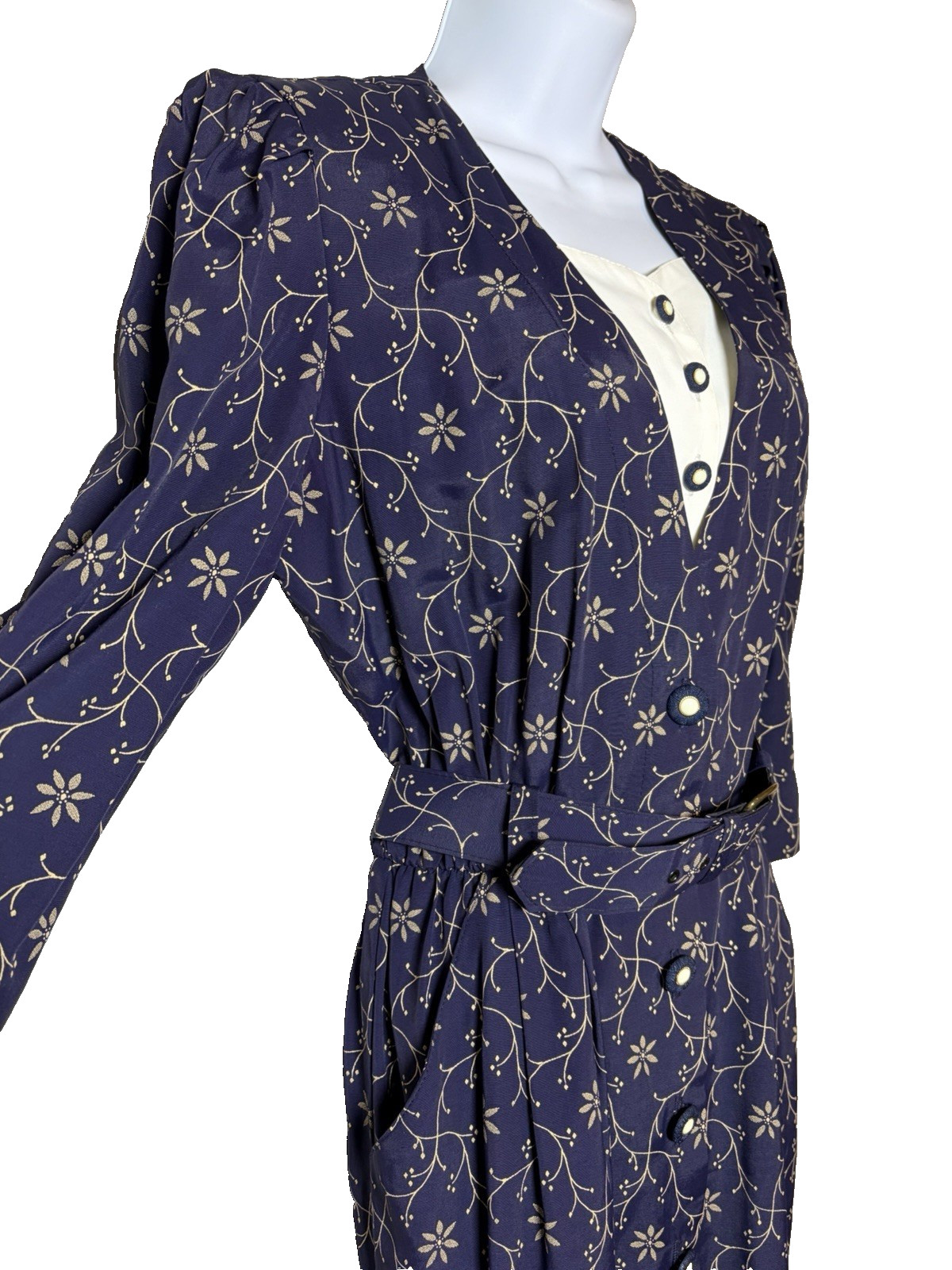 Vtg 80s Does 40s Peri Petites Navy Shirt Dress~8P~Belt 3/4 Puff Slvs Secretary