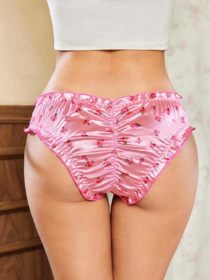Glossy Ruched Bum Pink 2nd Skin Satin & Floral Bikini Brief Panties XL NEW