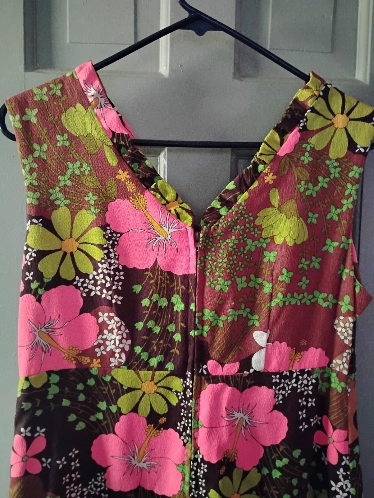 Vtg 60s Hukilau Fashions Hawaiian Barkcloth Maxi Dress 14 Hibiscus Pink Brown