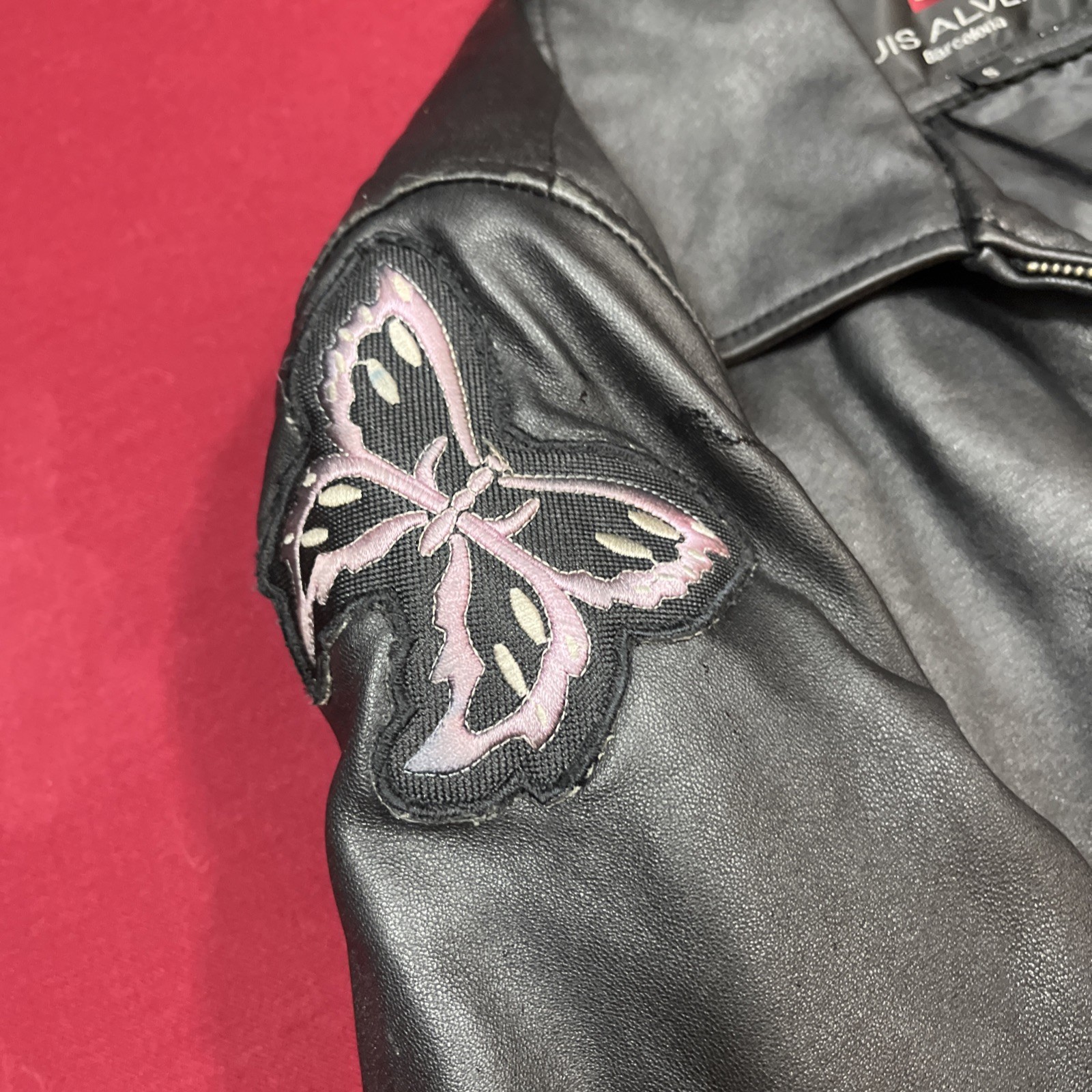 Luis Alvear Black Leather Jacket Zip Up Moto Biker Butterfly Arm Patch Women’s S
