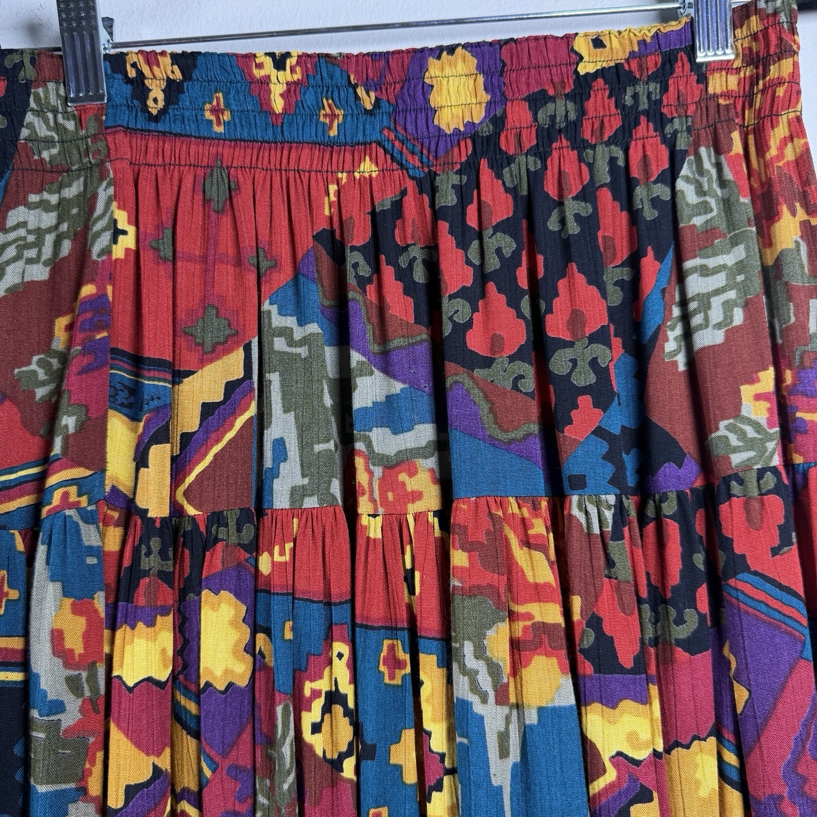 VTG Carol Little Colorful Rayon Long Maxi Skirt Size 10 Art Deco Elastic Layered